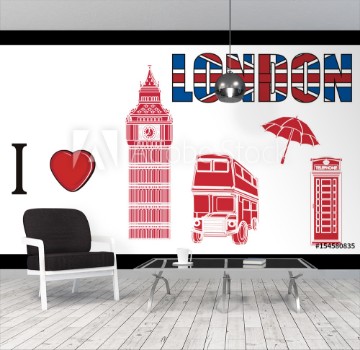 Picture of London England UK Britain travel symbol cartoon illustration trip city Europe i love London many solid red bus Big Ben tower telephone umbrella heart